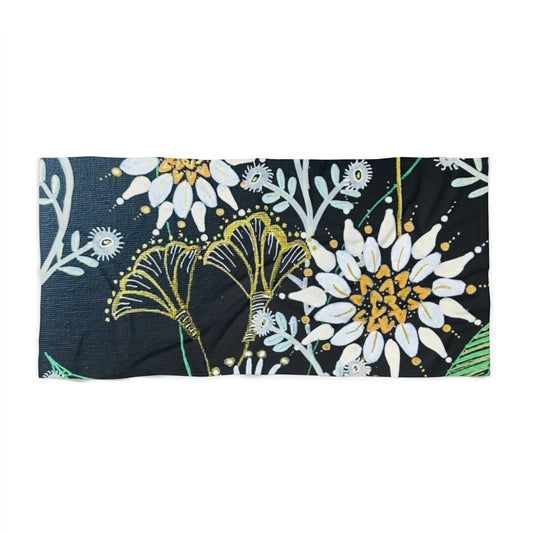 Golden Tangle Beach Towel — Dark Tropical Daisy Print