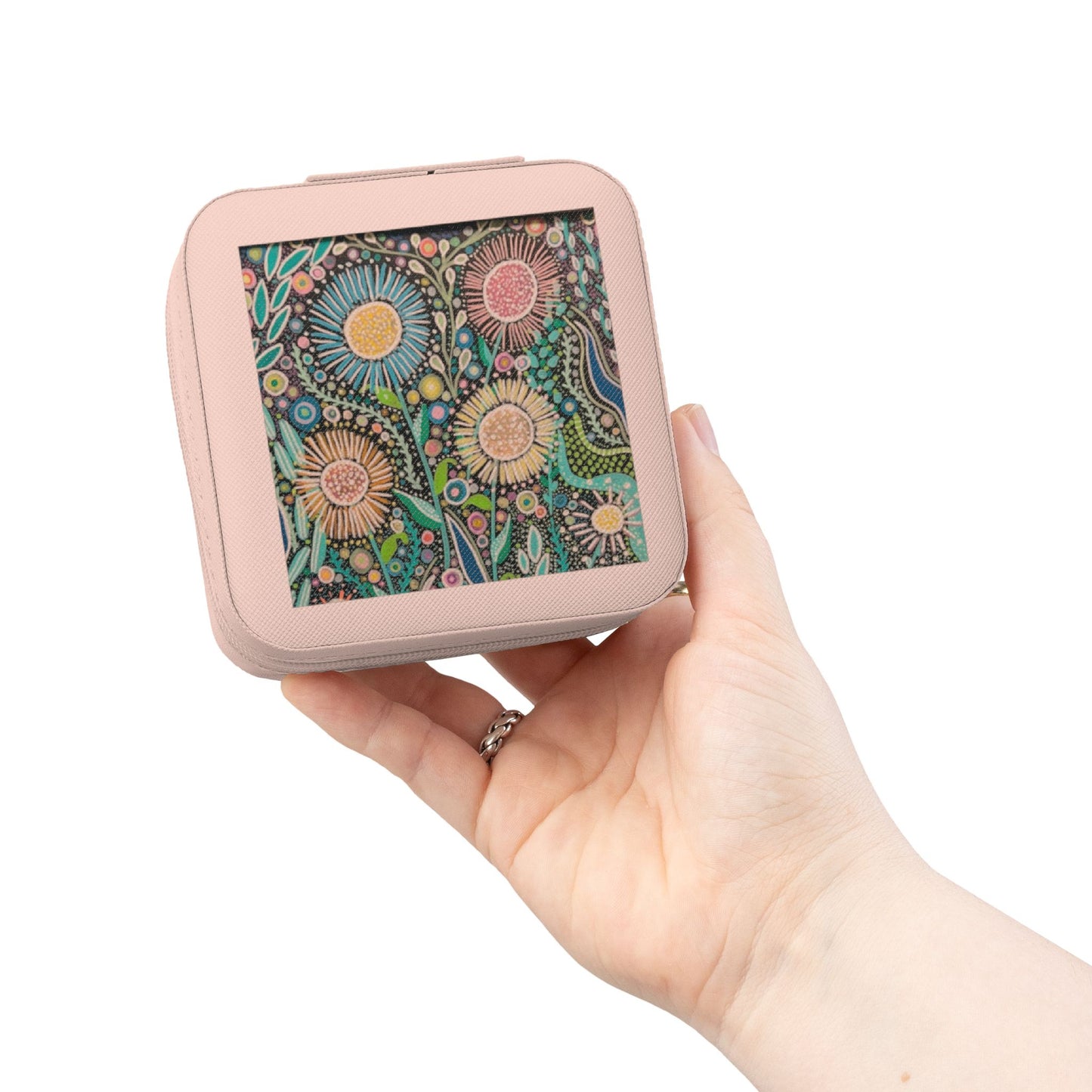 Abstract garden Floral Compact Jewelry Travel Case — Portable Ring & Earring Organizer