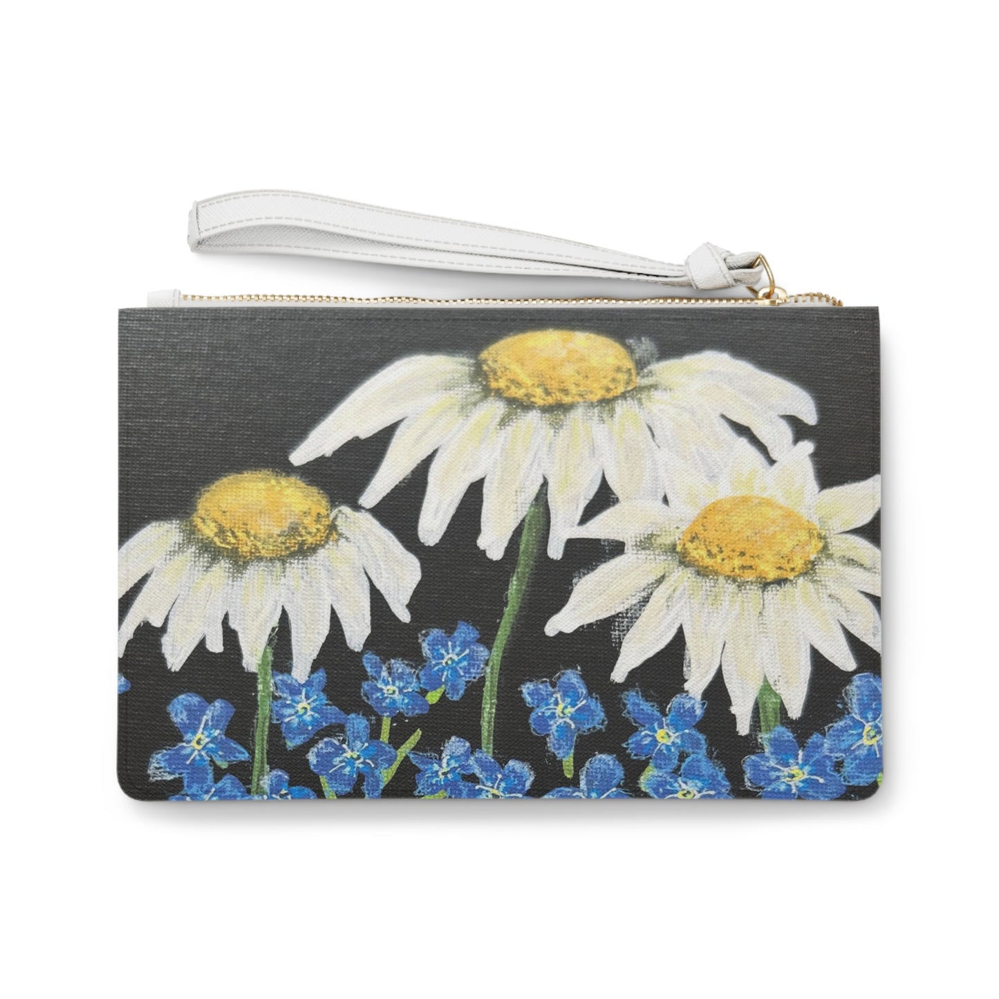 Daisy & Forget-Me-Not Floral Clutch Bag — Hand-Painted Meadow Wristlet