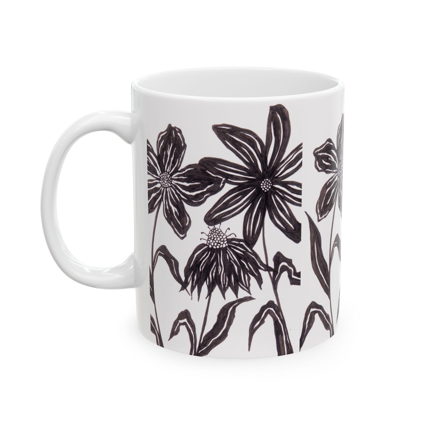 Black Ink Wildflower Ceramic Mug — Floral Hand-Drawn 11oz & 15oz Coffee Cup