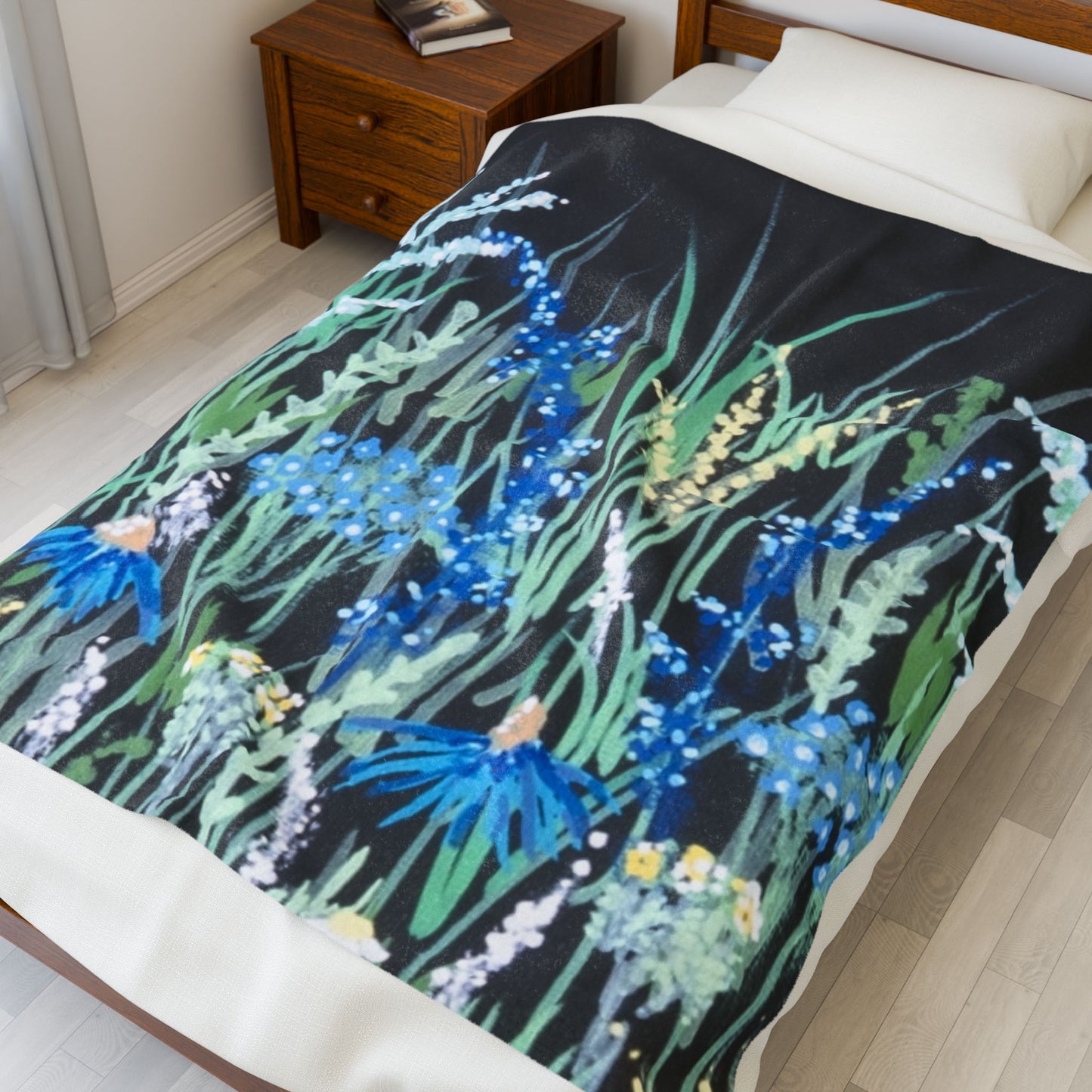 Velveteen Plush Blanket — Wildflower Meadow Blue Floral Throw Blanket