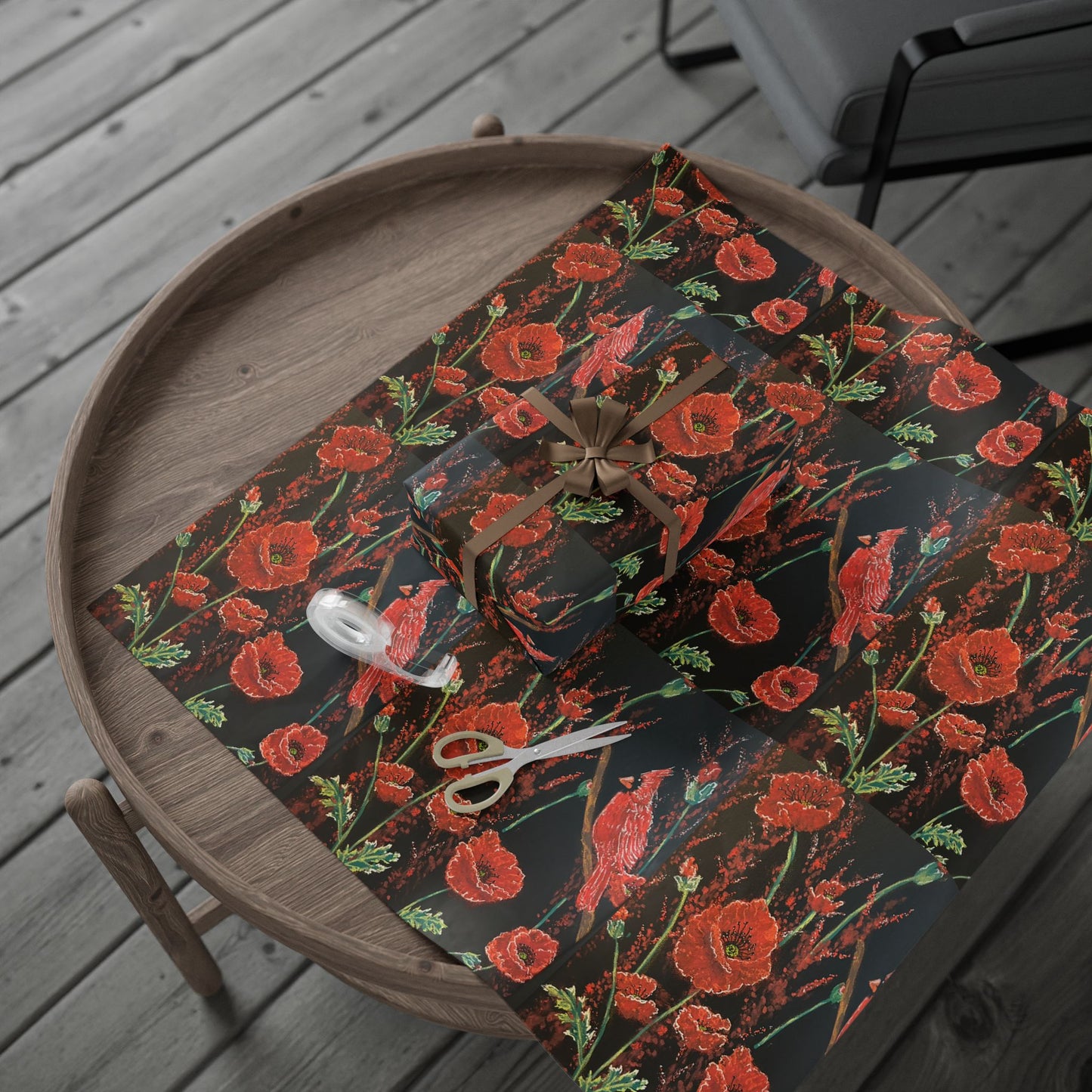 Poppy Pattern Wrapping Paper — Red Poppies on Black Floral Gift Wrap