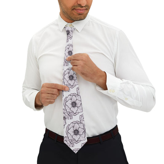 Floral Sketch Necktie — Black & White Poppy Pattern Men’s Tie for Weddings & Formal Wear