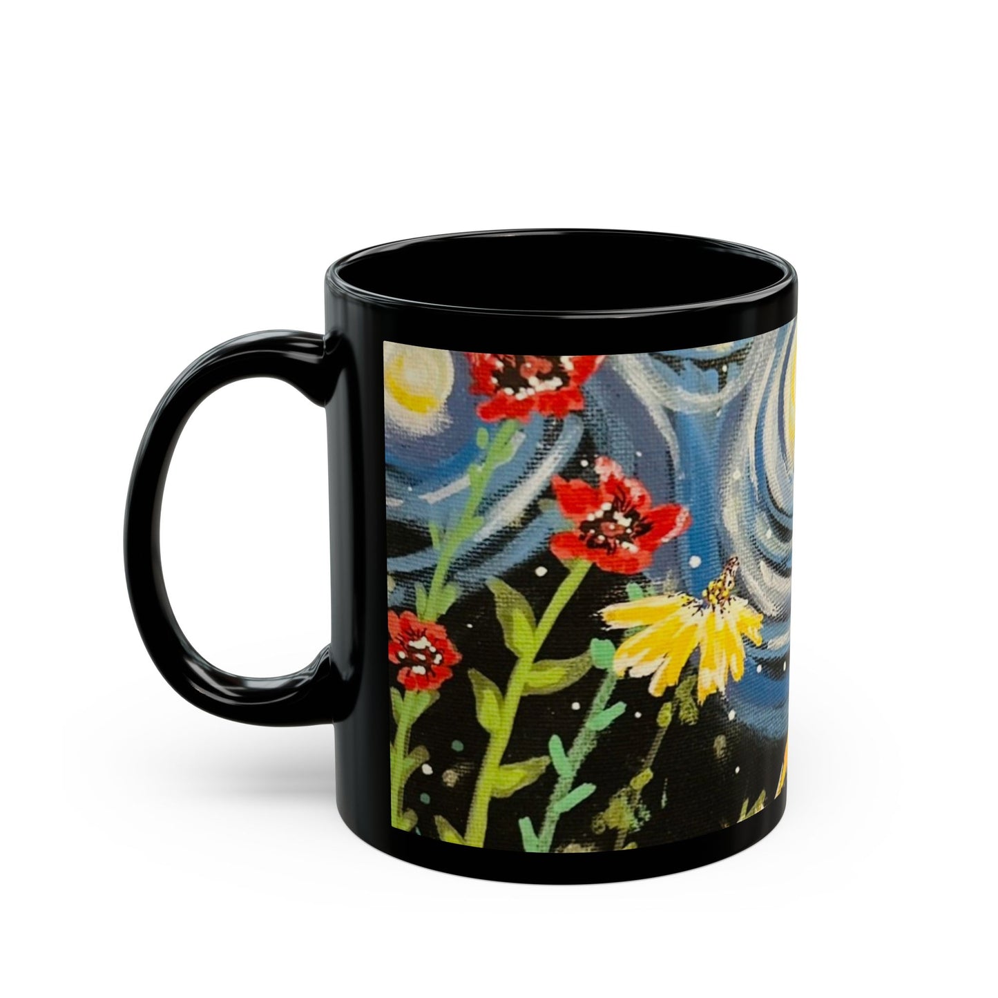 Starry Night Wildflower Black Mug – Floral Moonlight Coffee Cup (11oz & 15oz)