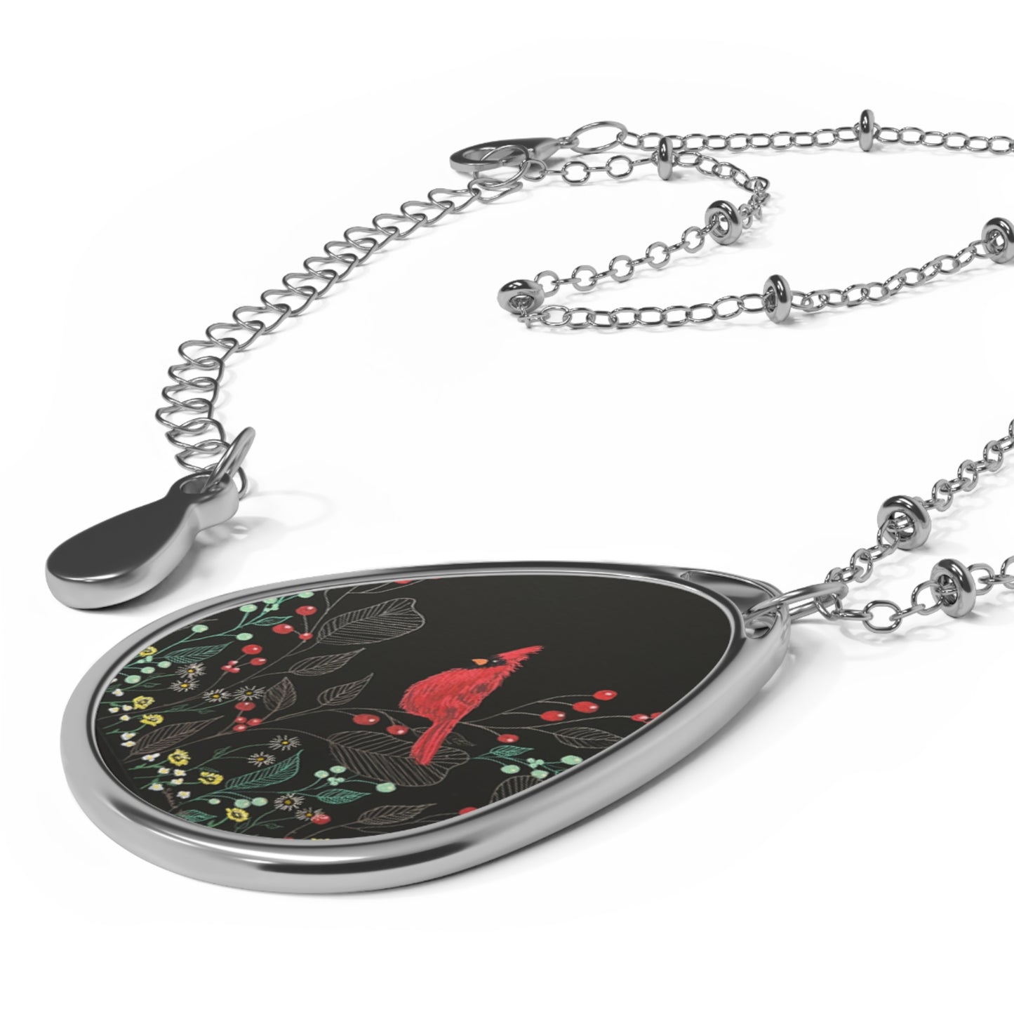 Stillness in scarlet Oval Teardrop Necklace — Red Cardinal II Floral Pendant on Black Background
