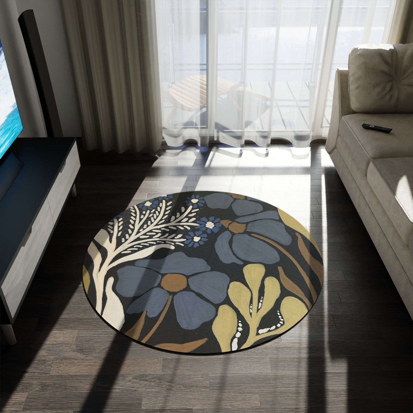 Midnight Meadow Round Rug — Blue Floral Boho Accent Rug