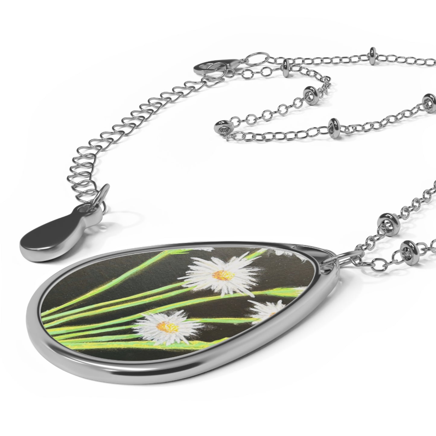 Daisy Oval Pendant Necklace — Silver Teardrop Floral Jewelry