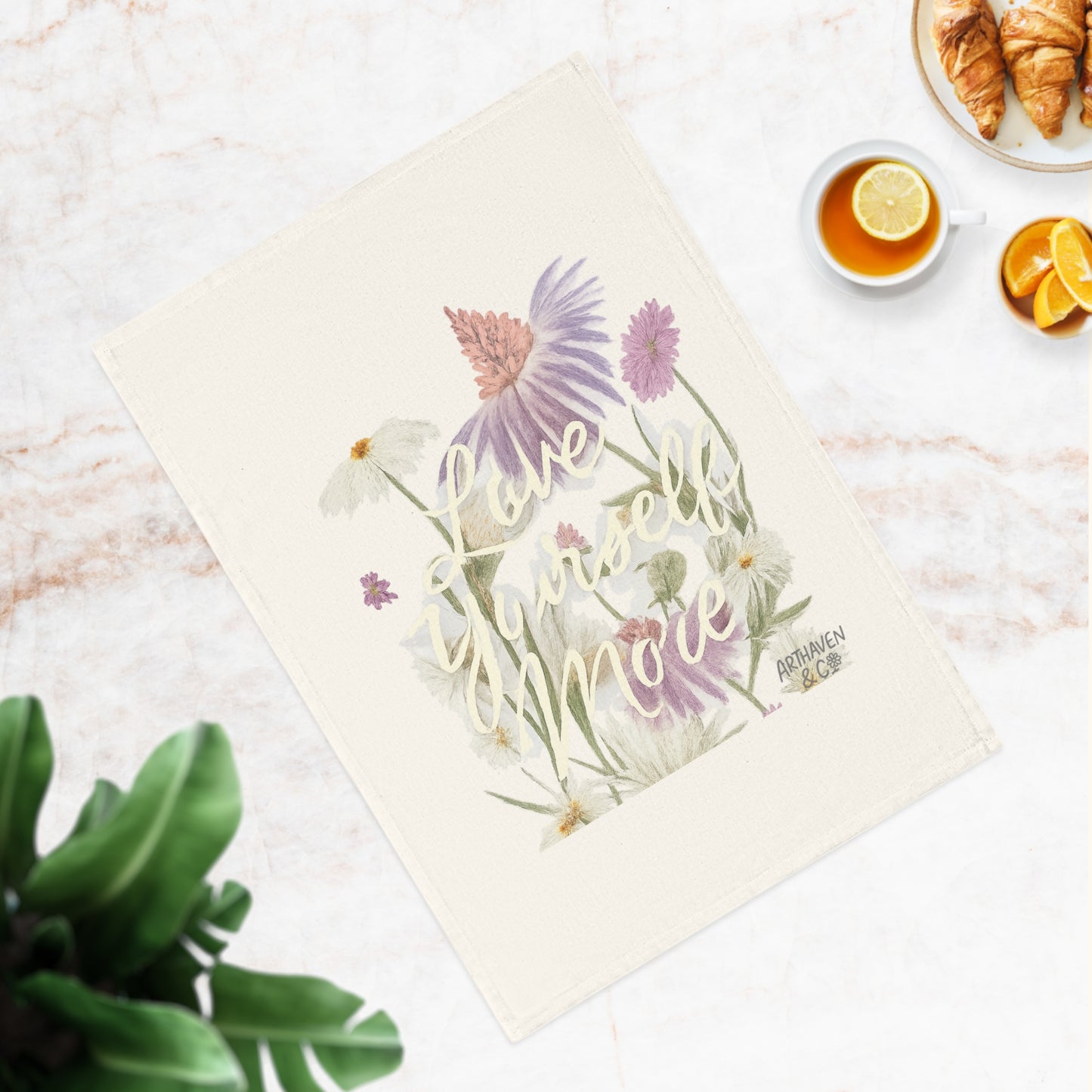 Love Yourself More Cotton Tea Towel – Floral Inspirational Kitchen Towel
