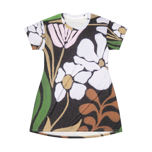 Garden Moment Floral Print T-Shirt Dress — Vintage Botanical All-Over Pattern