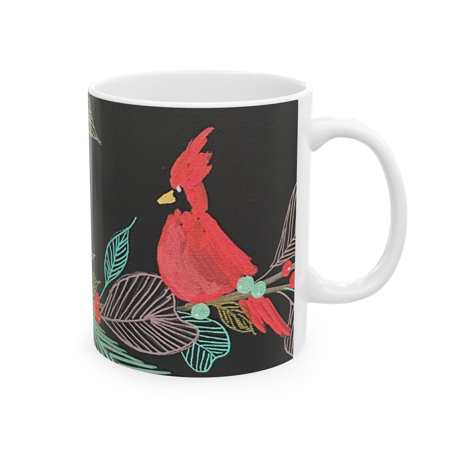 Botanical Bird Ceramic Mug — Black Floral Sparrow Coffee Cup (11oz & 15oz)