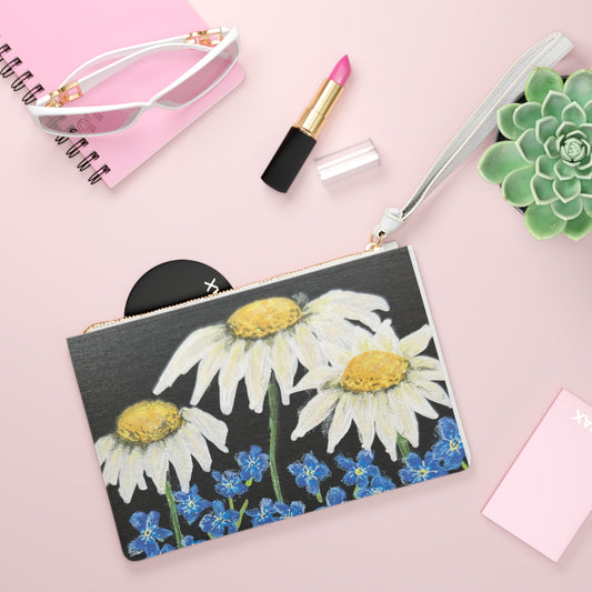 Daisy & Forget-Me-Not Floral Clutch Bag — Hand-Painted Meadow Wristlet