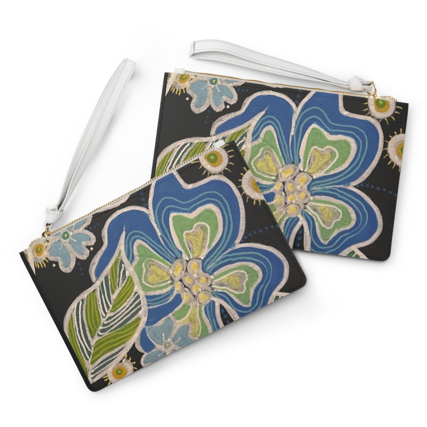 Floral Wristlet Clutch — Blue & Green Hand-Painted Flower Design
