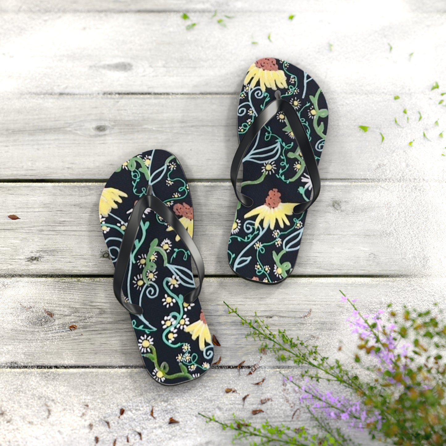 Floral Flip Flops – Dark Botanical Beach Sandals