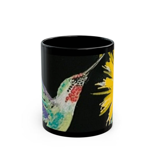 Hummingbird & Sunflower Black Ceramic Mug — 11oz/15oz