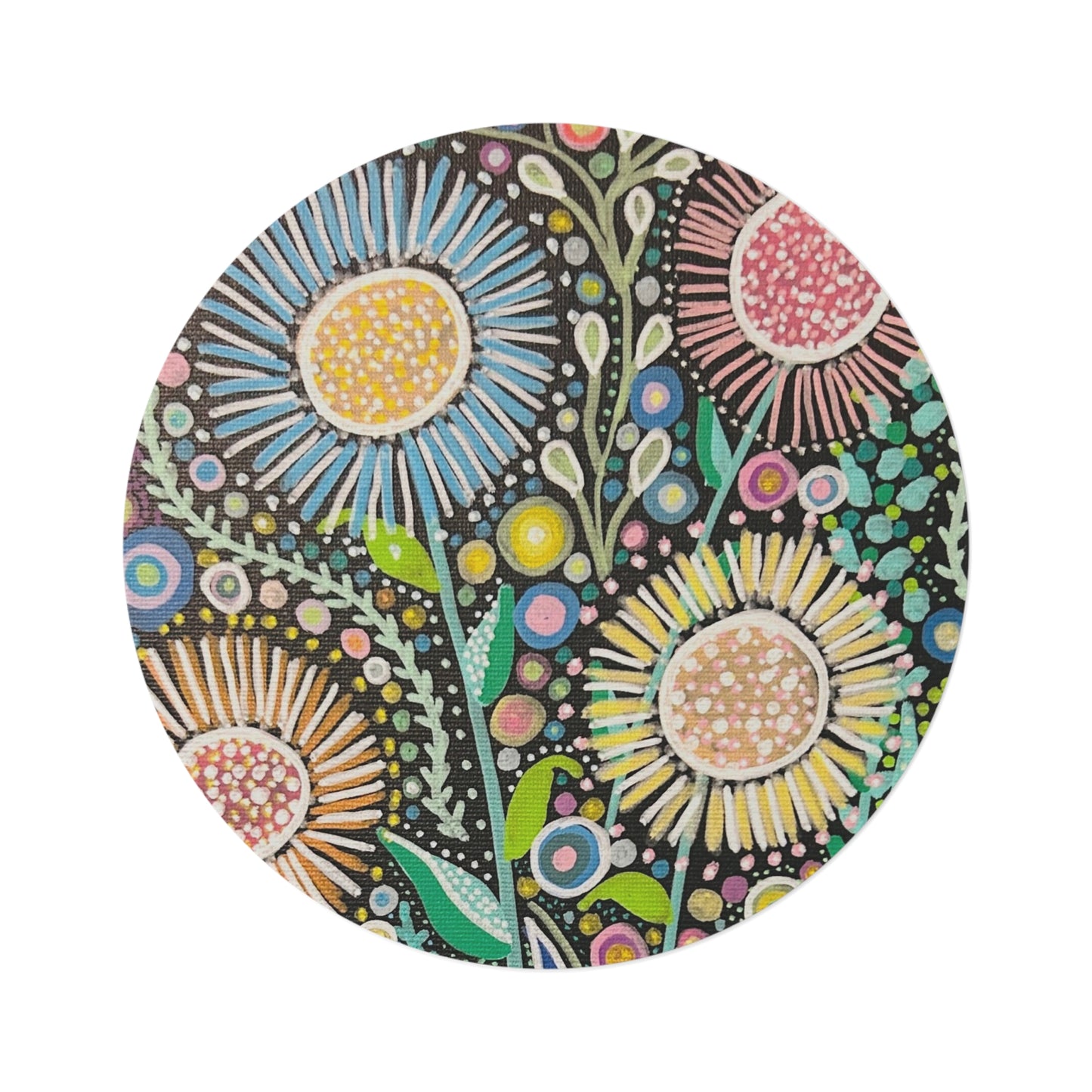 Boho Floral Round Rug — Colorful Hand-Drawn Daisies Accent Mat