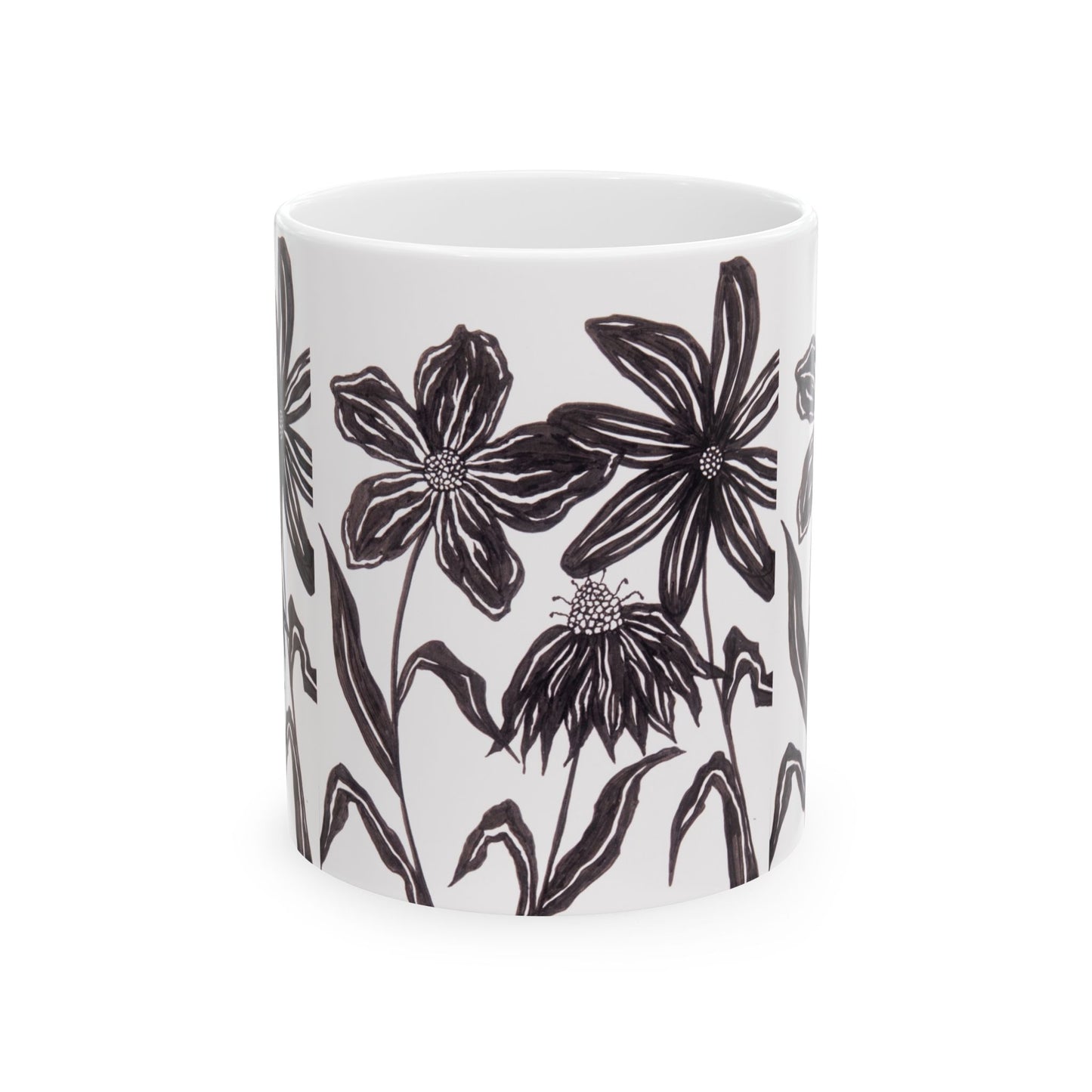 Black Ink Wildflower Ceramic Mug — Floral Hand-Drawn 11oz & 15oz Coffee Cup
