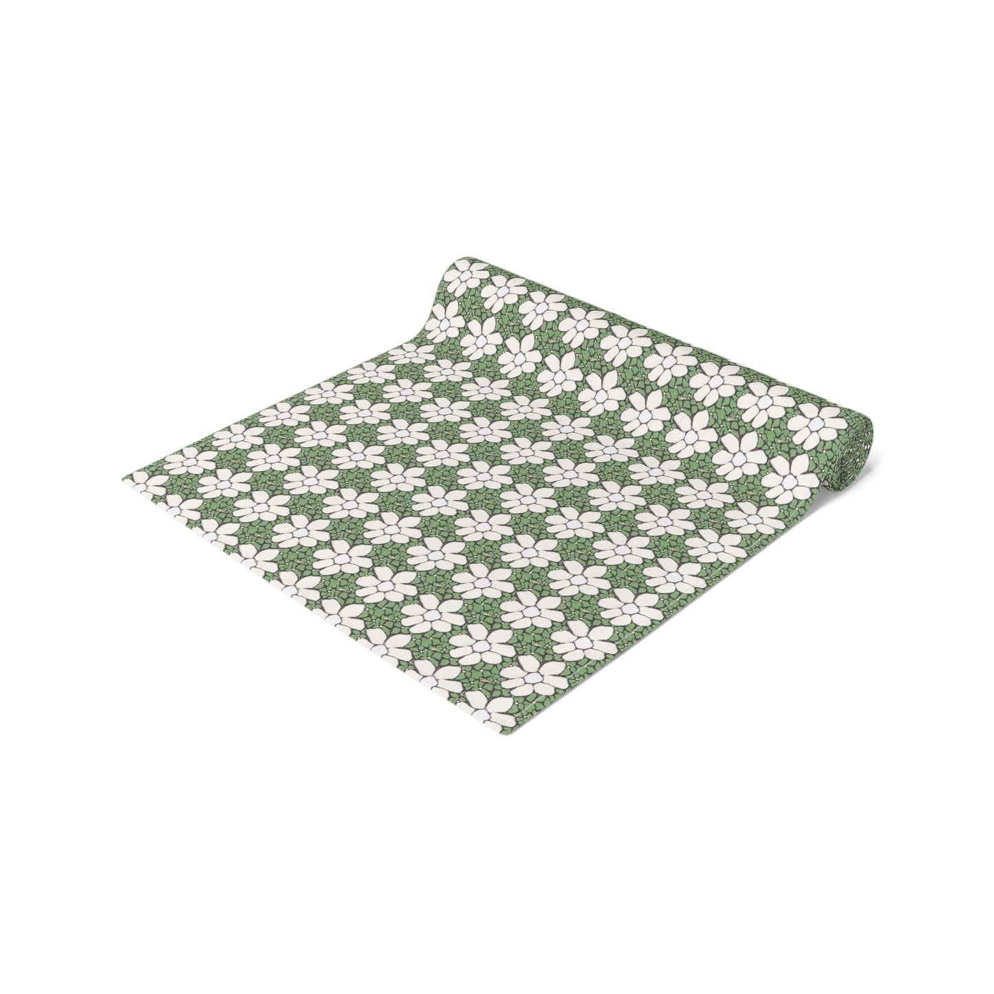 Green Floral Table Runner — White Daisy Pattern Cotton-Poly Dining Decor