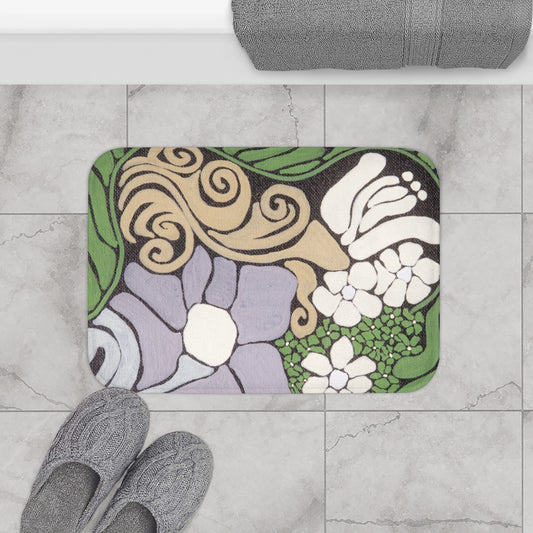 Whim & Tendril Art Nouveau Bath Mat — Grey & Green Decorative Bathroom Rug