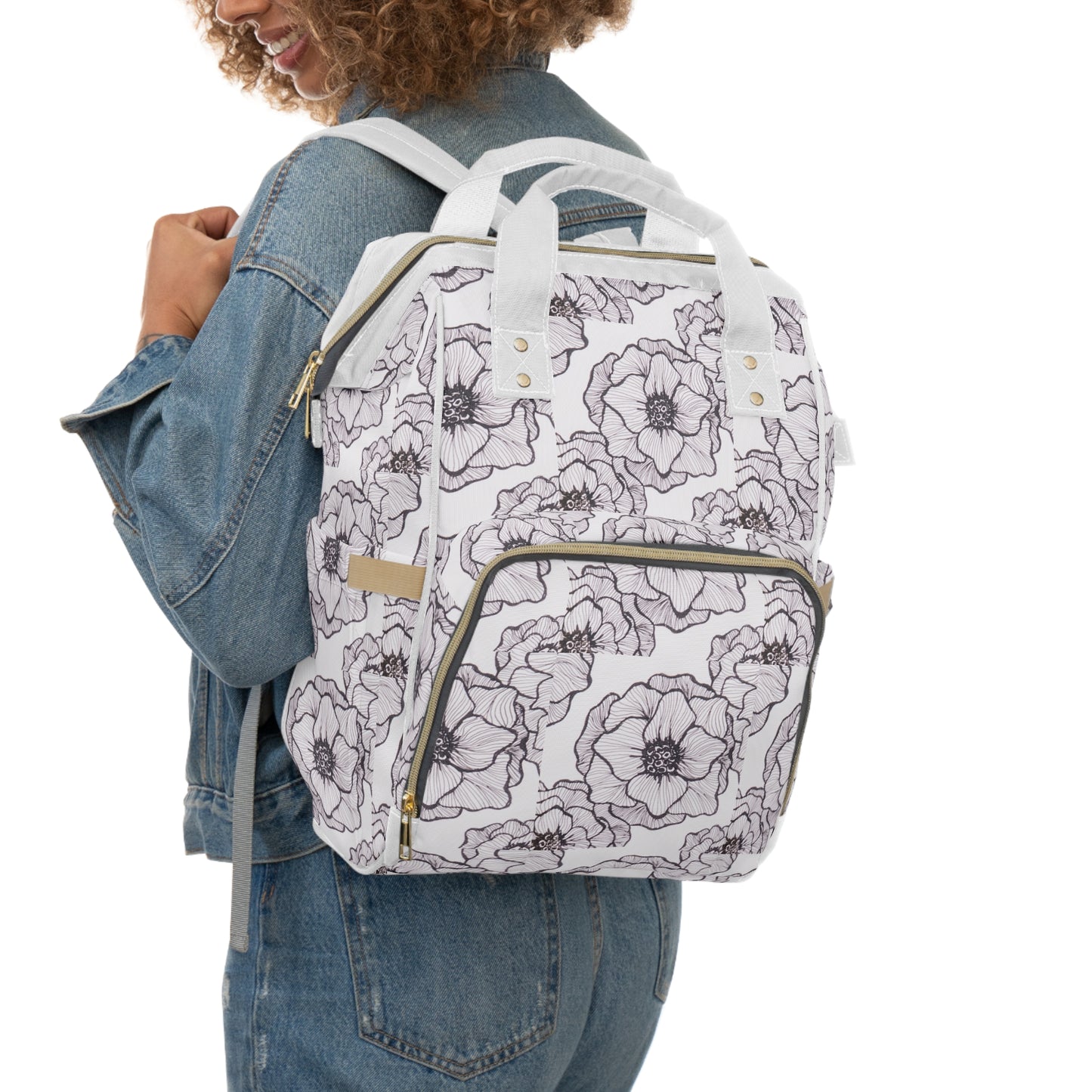 Floral Sketched Diaper Backpack – Multifunctional Baby Bag with Changing Pocket