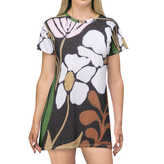 Garden Moment Floral Print T-Shirt Dress — Vintage Botanical All-Over Pattern