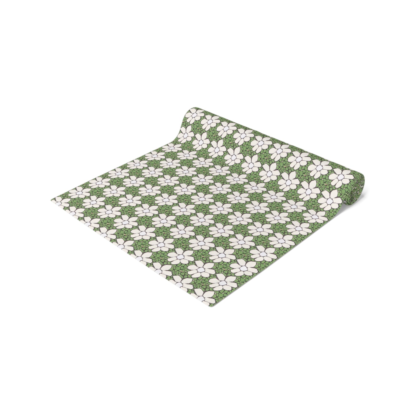 Green Floral Table Runner — White Daisy Pattern Cotton-Poly Dining Decor