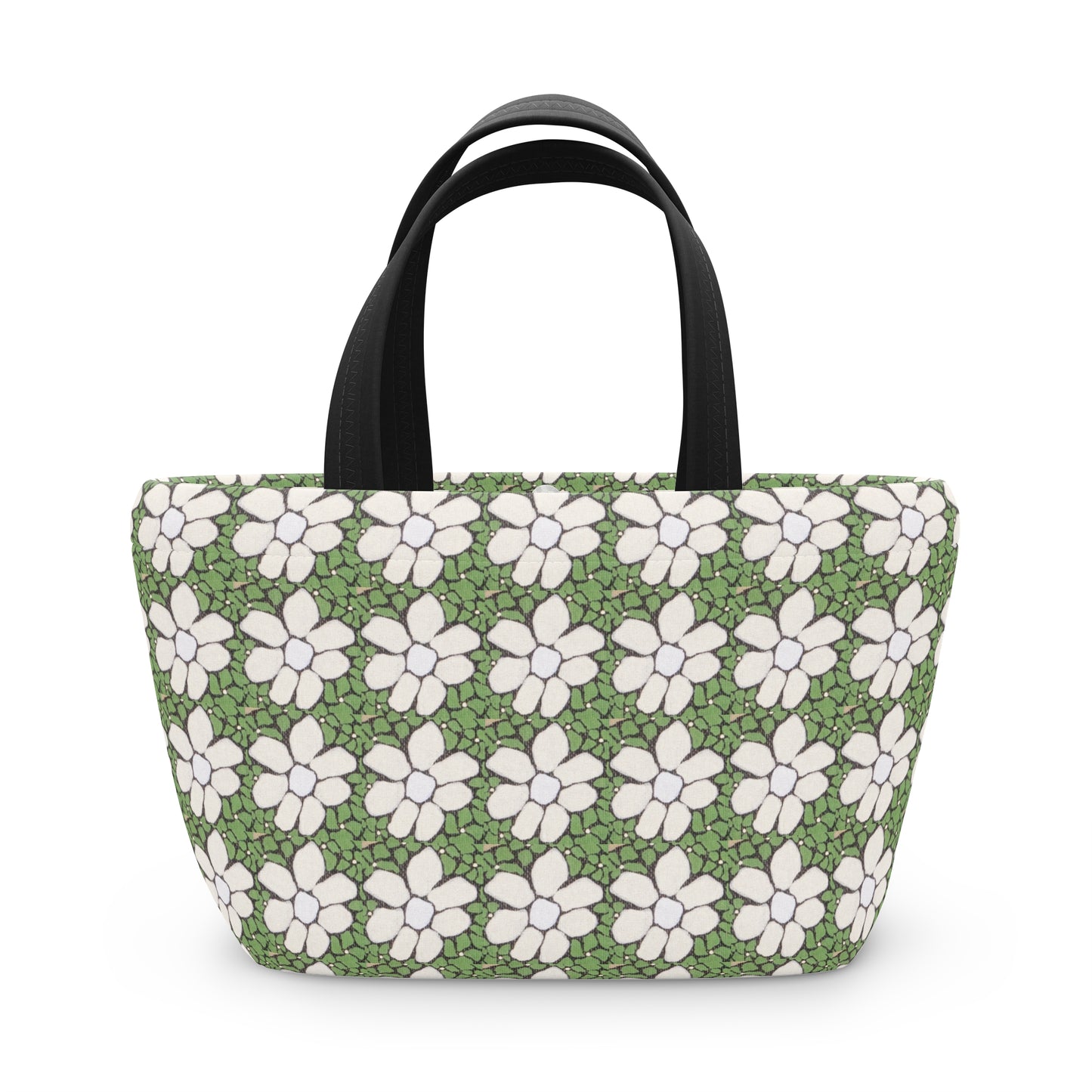 Floral Daisy Pattern Lunch Bag — Green White Retro Picnic Tote