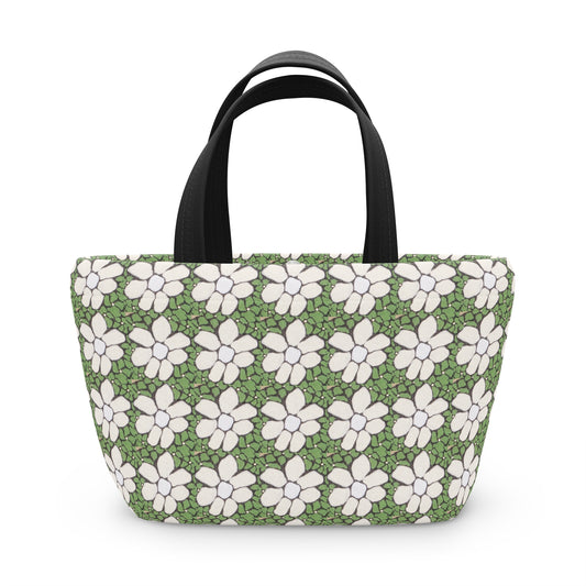 Floral Daisy Pattern Lunch Bag — Green White Retro Picnic Tote