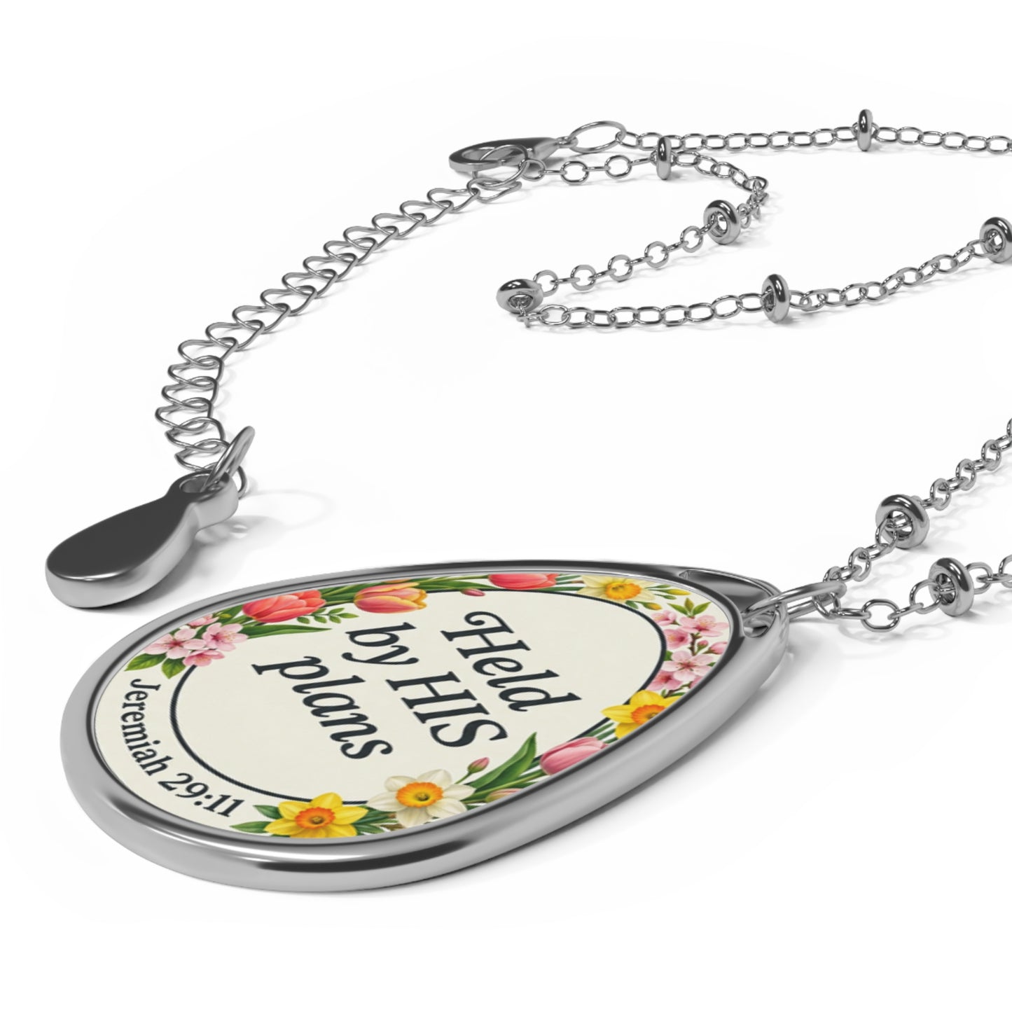 Oval Necklace — 'Held by HIS plans' Floral Scripture Pendant (Jeremiah 29:11)