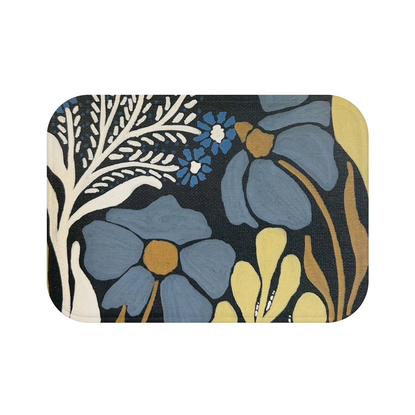 Floral Blue & Mustard Bath Mat — Vintage Botanical Bathroom Rug