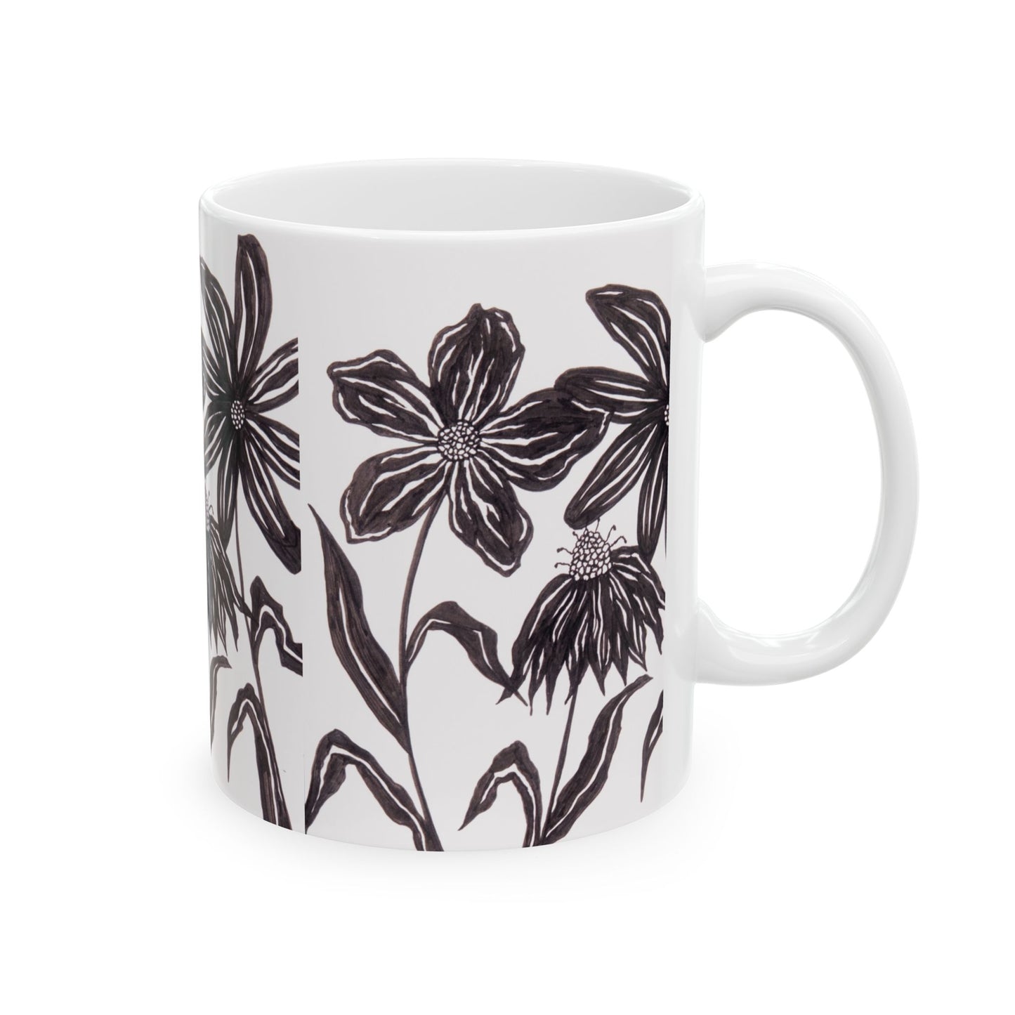 Black Ink Wildflower Ceramic Mug — Floral Hand-Drawn 11oz & 15oz Coffee Cup