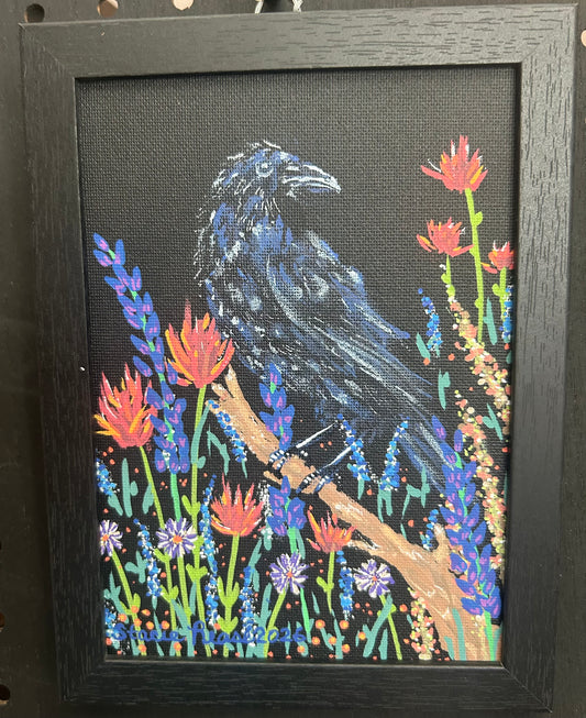 Dream Raven SOLD
5 x 7 Acrylic Painting on Black Canvas Board