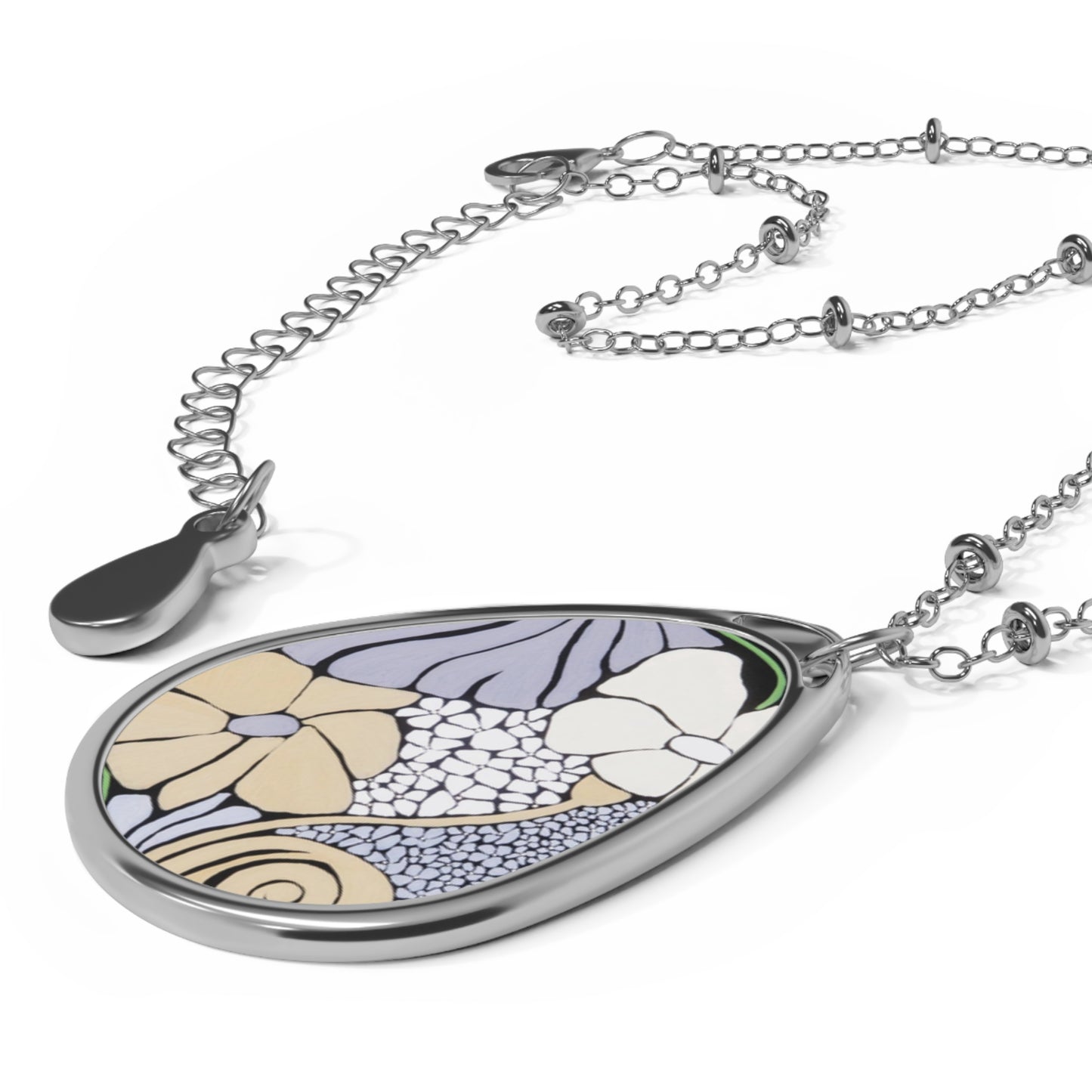 Stonepetal garden Abstract Floral Oval Pendant Necklace — Silver Teardrop Locket with Pastel Botanical Design