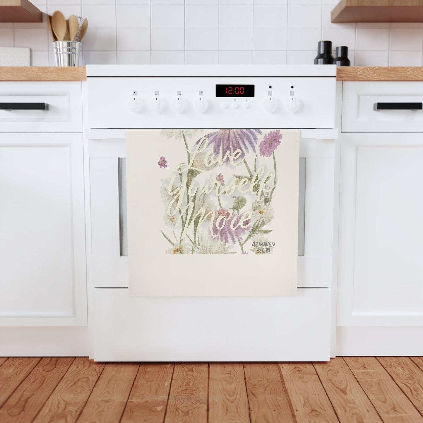 Love Yourself More Cotton Tea Towel – Floral Inspirational Kitchen Towel