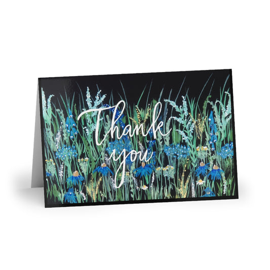 Thank You Card — Blue Floral Meadow Handwritten Script (Single or Pack)