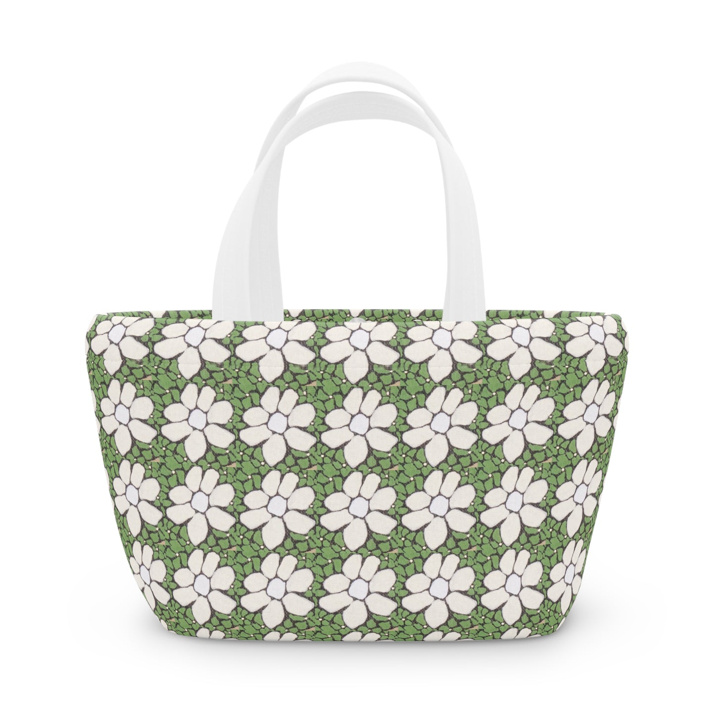 Floral Daisy Pattern Lunch Bag — Green White Retro Picnic Tote
