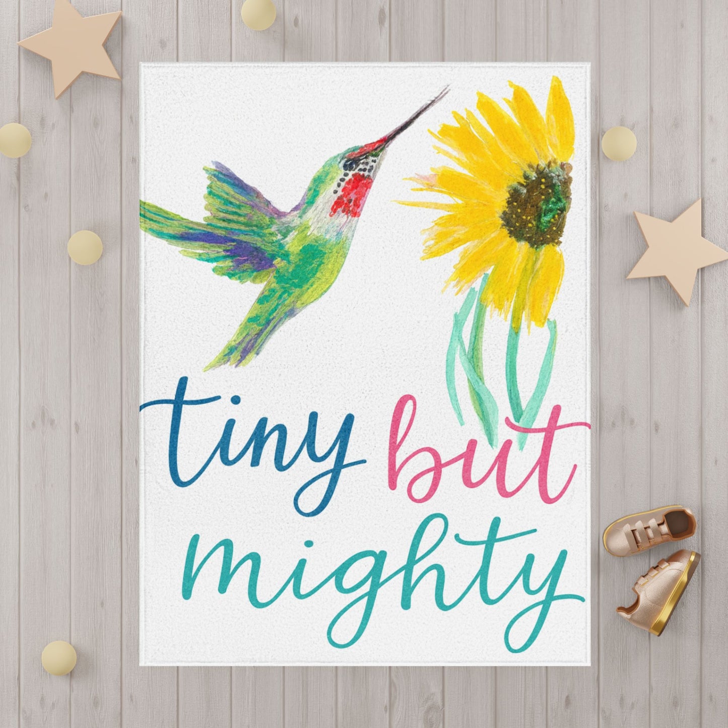 Toddler Blanket - "Tiny But Mighty" Hummingbird & Sunflower Baby Throw, Soft Nursery Blanket Gift