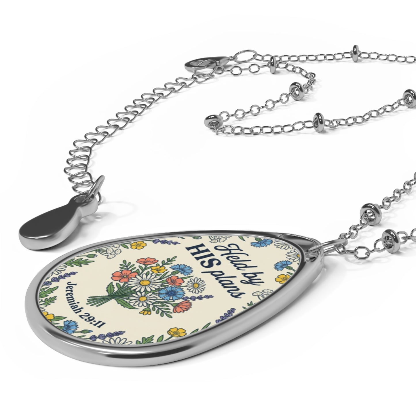Oval Pendant Necklace - "Held by His Plans" Floral Scripture Teardrop Necklace